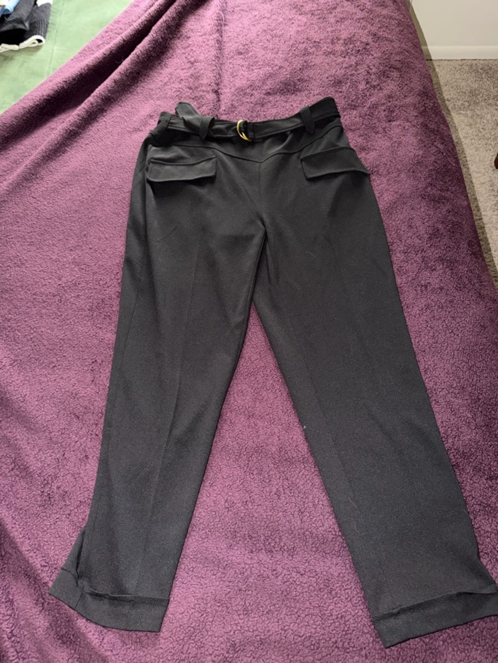 Black Cropped Dress Pants with Gold Belt